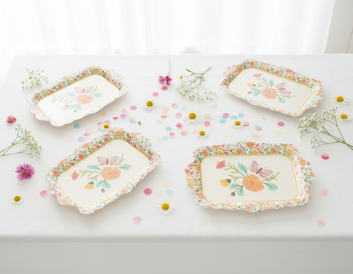 Floral Butterfly Serving Trays Overhead with Confetti and Wildflowers