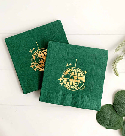 Forest Green and Gold Disco Ball Cocktail Napkins for Bachelorette, Birthday, and Disco-Themed Parties