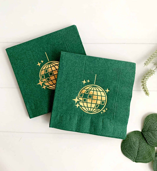 Forest Green and Gold Disco Ball Cocktail Napkins for Bachelorette, Birthday, and Disco-Themed Parties