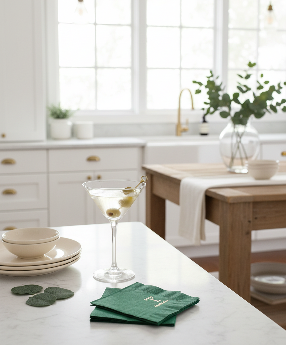 Forest green napkins in French country kitchen