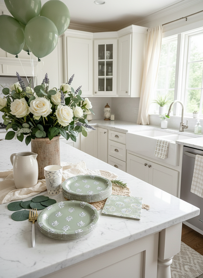 French country kitchen with sage plates