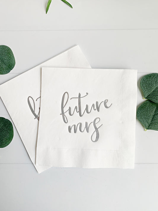 Future Mrs Napkins Silver Foil White - Bridal Shower Bachelorette Party Luncheon Napkins Set of 16
