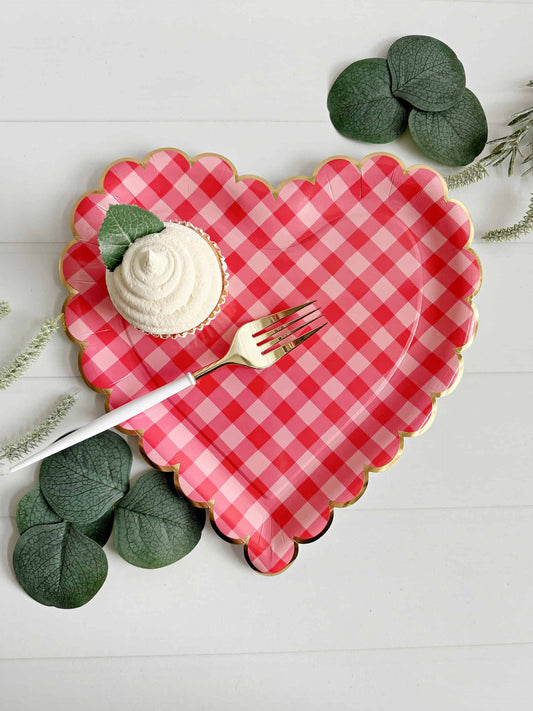 Red and Pink Gingham Heart Paper dessert plates for Valentine's Day, Galentine's Parties, Baby Q Baby showers and bridal showers.