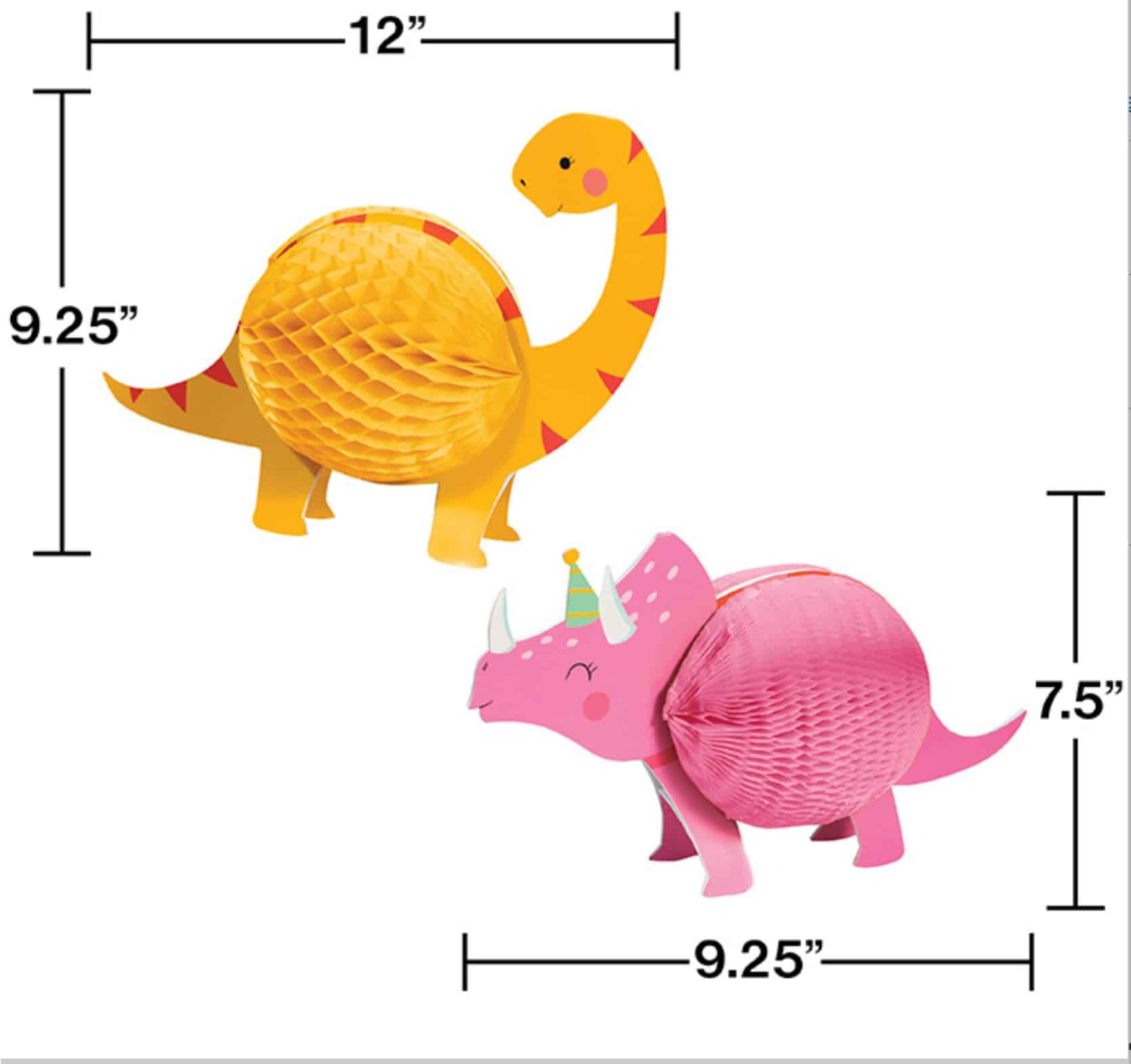 Introduce a new dimension to your girl's dinosaur themed party with these fun and lively pink and yellow dinosaur centerpieces. This set of two will be a focal point for your guests, adding a unique touch to your party decor. Pair them with our matching paper goods - cups, plates, napkins and balloons