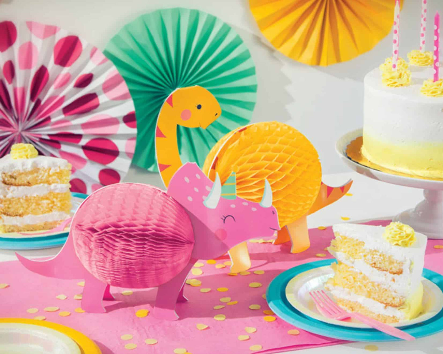Introduce a new dimension to your girl's dinosaur themed party with these fun and lively pink and yellow dinosaur centerpieces. This set of two will be a focal point for your guests, adding a unique touch to your party decor. Pair them with our matching paper goods - cups, plates, napkins and balloons