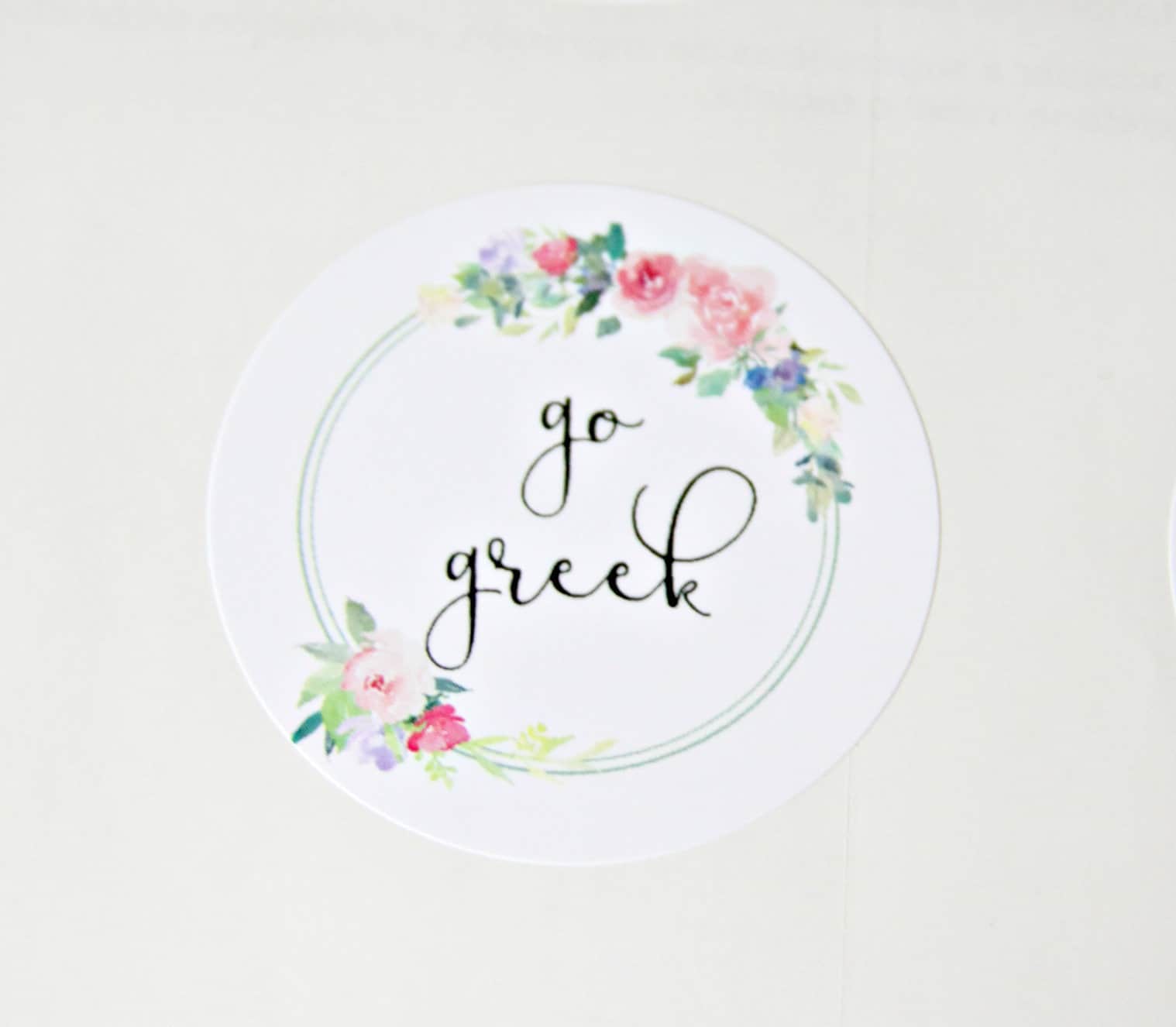 Go Greek stickers - round with a floral wreath border