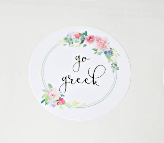 Go Greek stickers - round with a floral wreath border