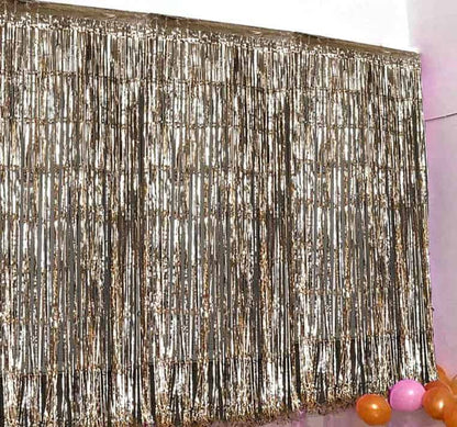 Gold fringe photo booth backdrop of virtual party backdrop