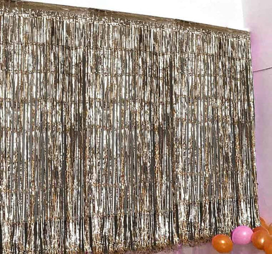 Gold fringe photo booth backdrop of virtual party backdrop