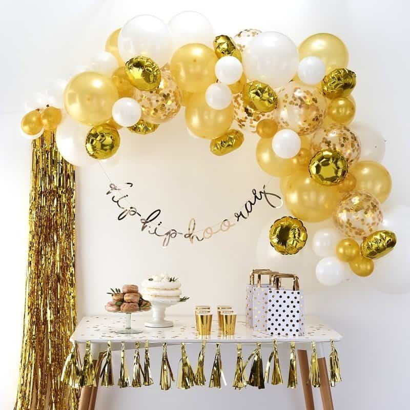 gold and white balloon garland