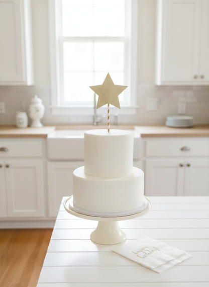 Gold star topper on tall cake with napkins