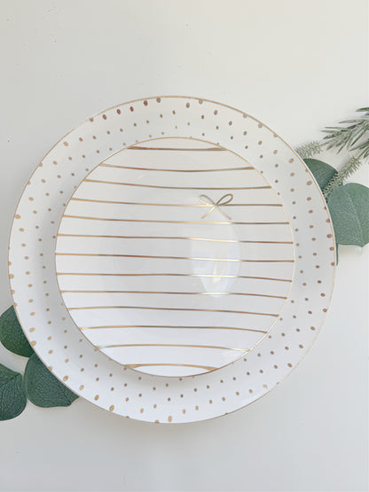 White and Gold Bow & Polka Dot Plates - Bridal Shower Disposable Dinnerware Set | 40 Count