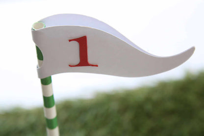 Golf flag with hole in one cake topper with a red number 1 on a green background