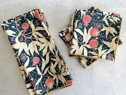 Gooseberry Cloth Napkins Set of 4 - Navy Blue Pink Floral Reusable Napkins 100% Cotton