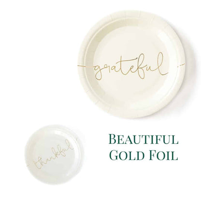 Grateful and thankful thanksgiving plates in ivory with gold foil lettering
