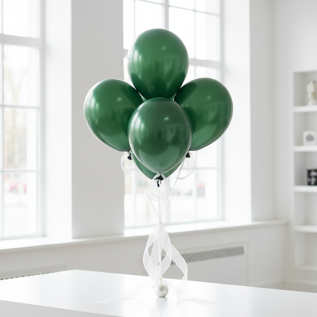 Green pearl balloon bouquet with white organza ribbons