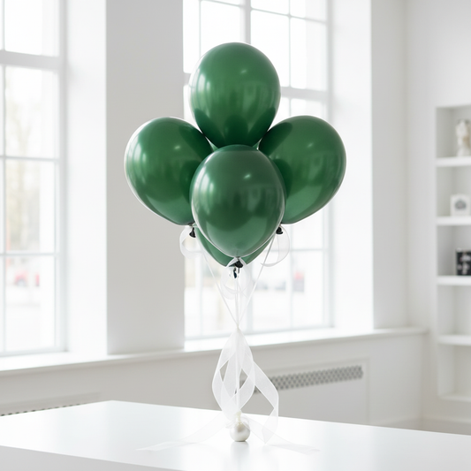 Green pearl balloon bouquet with white organza ribbons