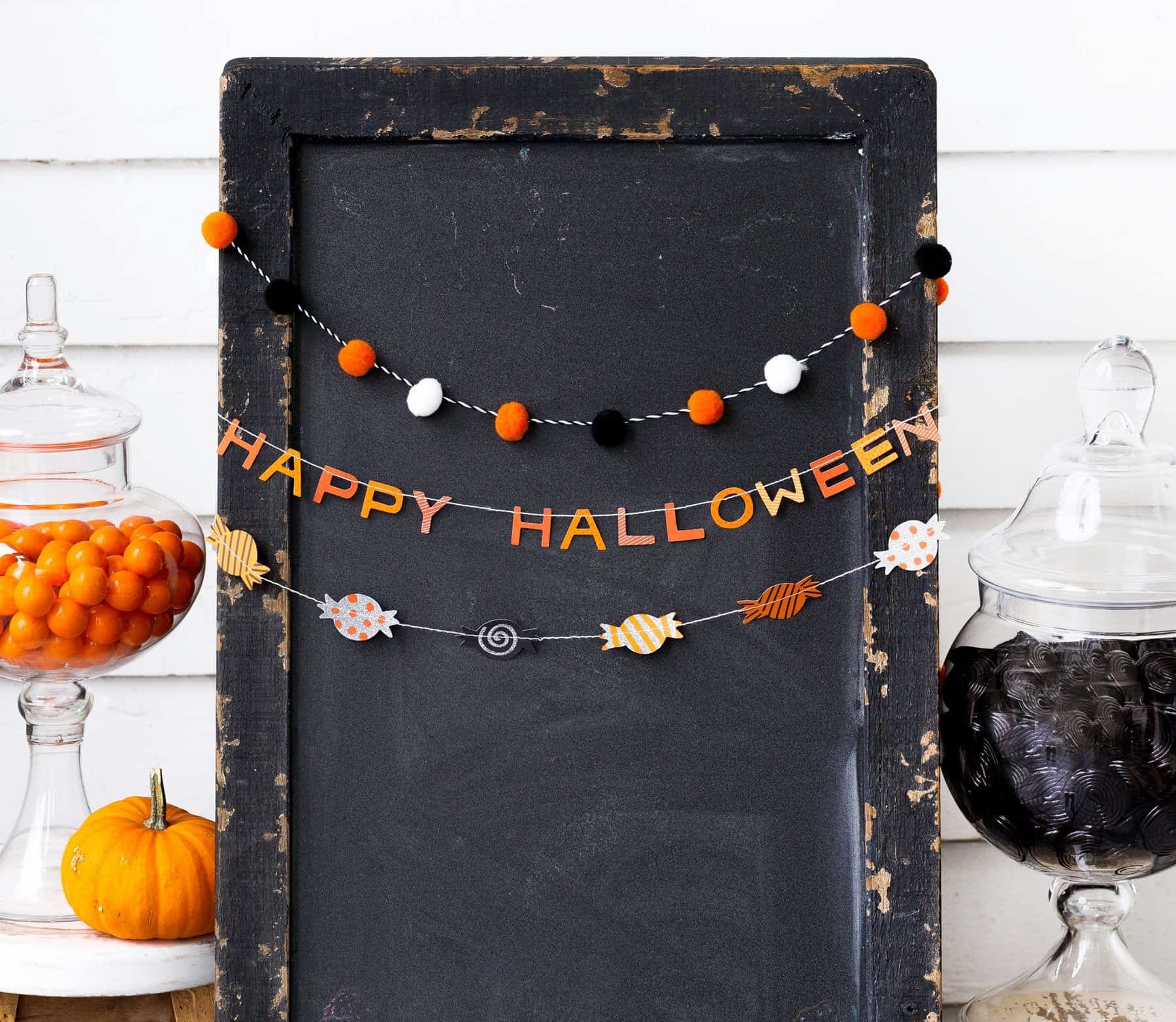 Happy Halloween Garland set of 3 with pom pom accents