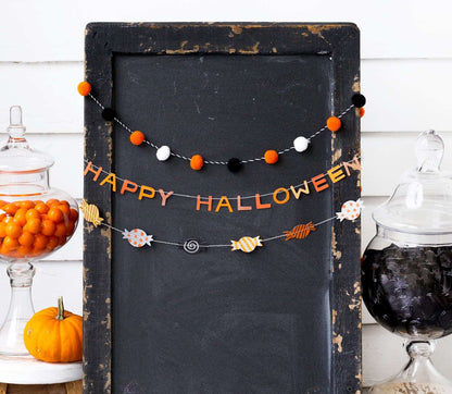 Happy Halloween Garland set of 3 with pom pom accents
