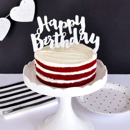 Happy Birthday Cake Topper Silver Glitter - Birthday Party Cake Decoration