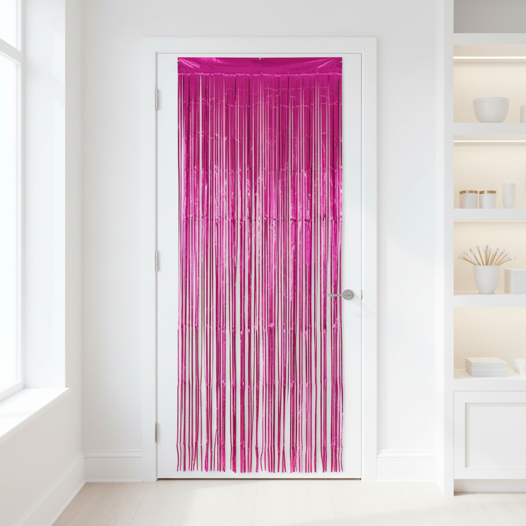 Hot pink fringe curtain in bright party boutique