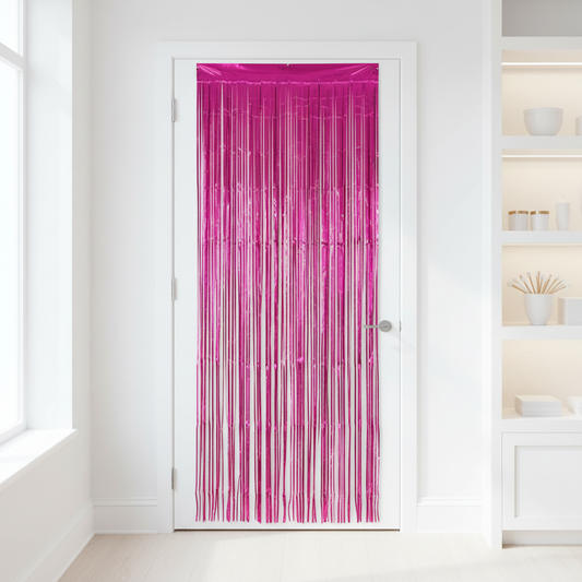 Hot pink fringe curtain in bright party boutique
