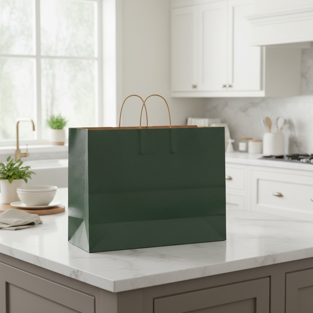 Hunter green bag on kitchen island
