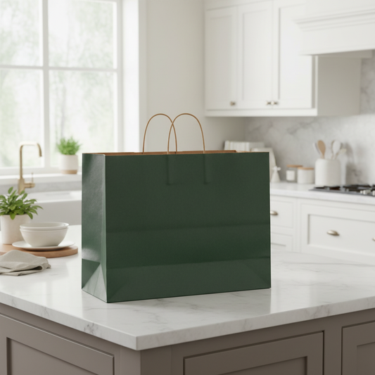 Hunter green bag on kitchen island