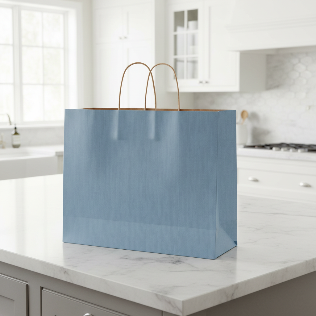 Ice blue bag on kitchen island