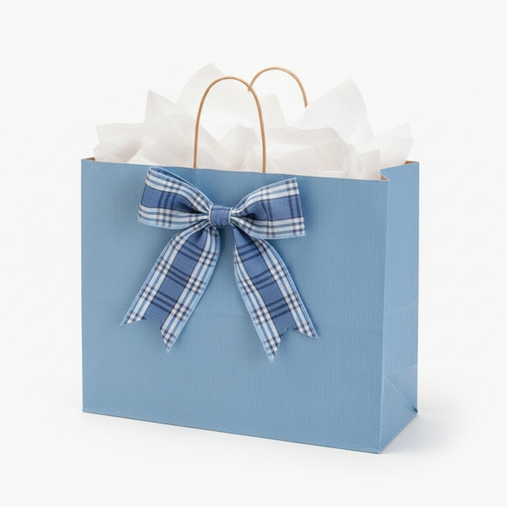 Ice blue bag with tartan bow
