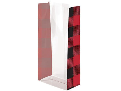 A clear plastic cello gift bag with a red and black buffalo plaid pattern on the right side and a solid red plaid pattern on the left side, shown on a white background.