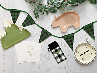 A styled flat-lay of woodland-themed party supplies on a white wood background, including green and black plaid bunting, green mountain-shaped paper plates, a bear-shaped paper plate, napkins with gold foil text, a small plaid pouch, and a compass.