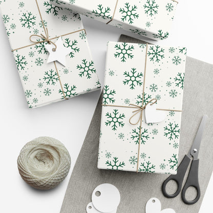 Elegant luxury Christmas gift wrap in sage and emerald shades with snowflakes for a winter theme. Perfect for a Baby It's Cold outside baby shower or birthday party..