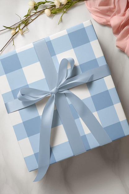 Light Blue Gingham high end Wrapping Paper for an Oh Boy baby shower or winter gift giving.