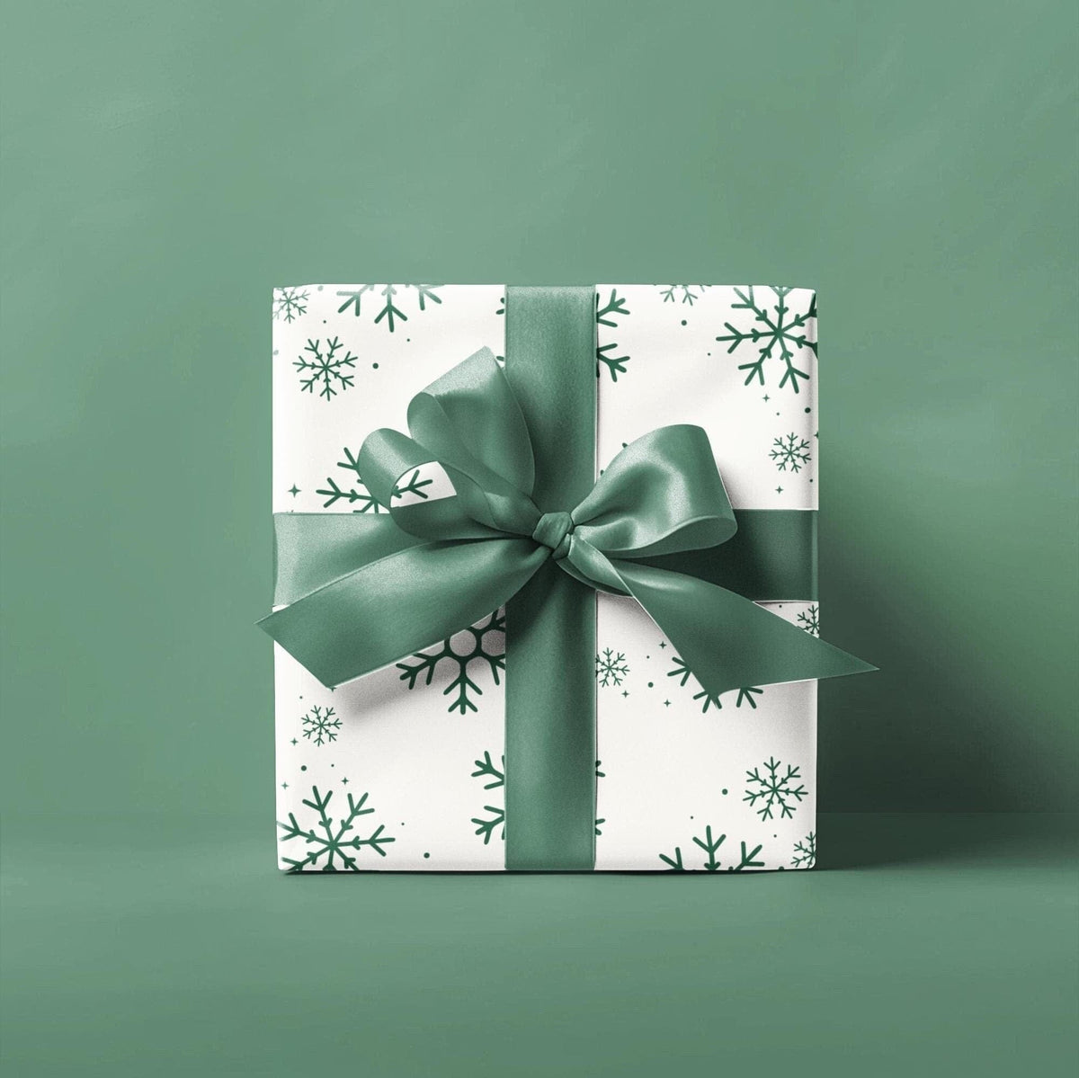 Elegant luxury Christmas gift wrap in sage and emerald shades with snowflakes for a winter theme. Perfect for a Baby It's Cold outside baby shower or birthday party..
