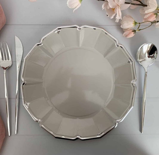 Add an elegant touch to your 25th anniversary or birthday celebration with our Grey Scalloped Dinner Plates with a Silver Foil Edge. These 10" plates are the perfect size for your guests to enjoy a delicious meal, while the elegant silver foil edge adds a touch of sophistication to your party decor.