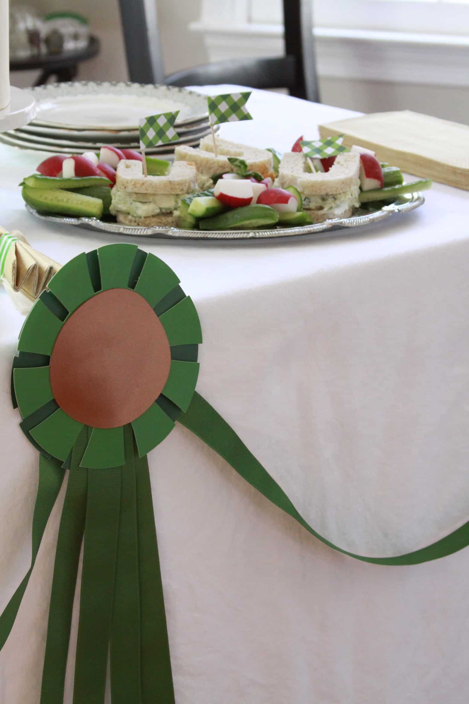 Horse Show Ribbon Garland alongside horseshoe shaped sandwiches for the Derby