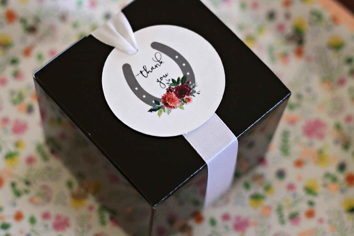 Kentucky Derby Favor Tags that say Thank you with a horseshoe and flowers