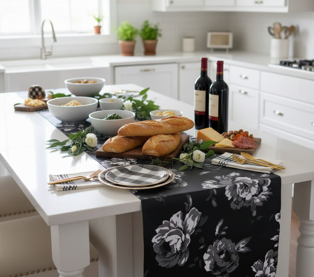 Kitchen Island French Country Party with Floral Runner