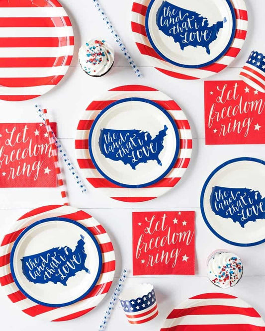 Americana Paper Plates and Napkins. Red, white and blue tableware for 4th of July, Memorial Day, Labor Day or a military retirement party