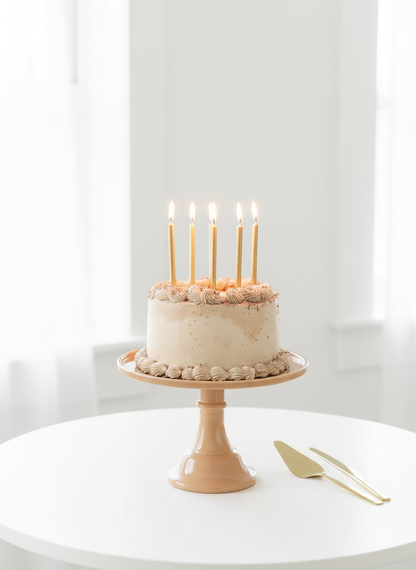 Latte Brown Melamine Cake Stand with Taupe Frosting and Gold Candles