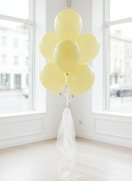 Lemon ice yellow balloon bouquet with white organza ribbons