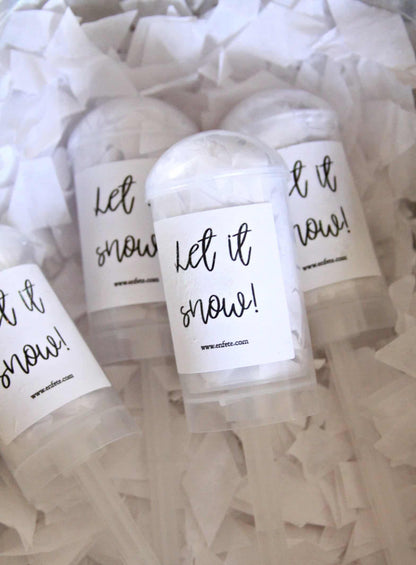 Snow Confetti Poppers for the perfect winter wedding send off. They have a sparkly Let it Snow label and filled with fake snow confetti.