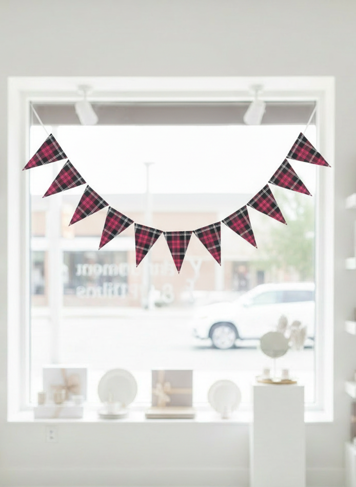 Light and bright party boutique photo of plaid pennant banner