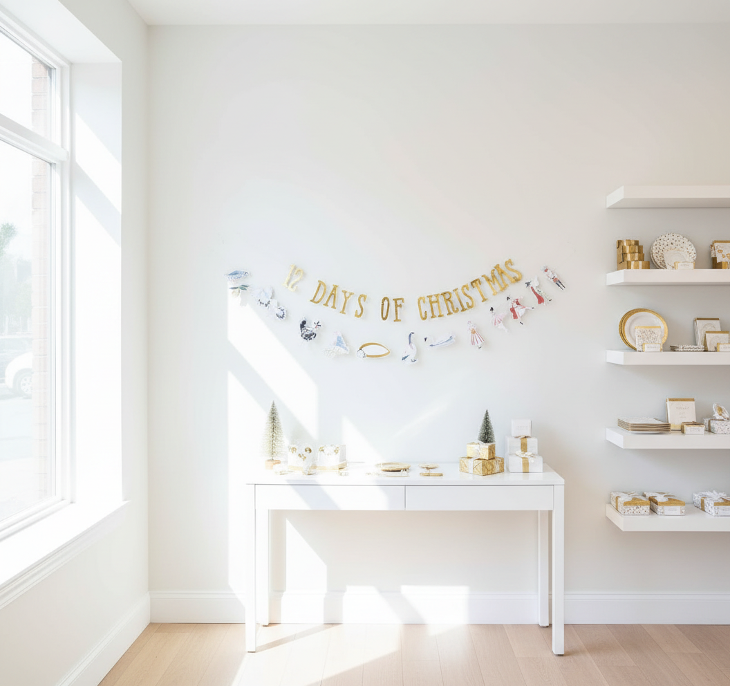 Light and bright party boutique version of 12 Days of Christmas banner