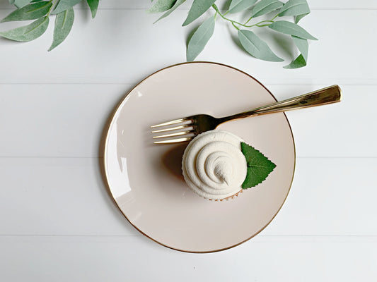 Linen Beige Plastic Plates with Gold Rim 7.5" - Premium Appetizer Dessert Plates 10 Pack