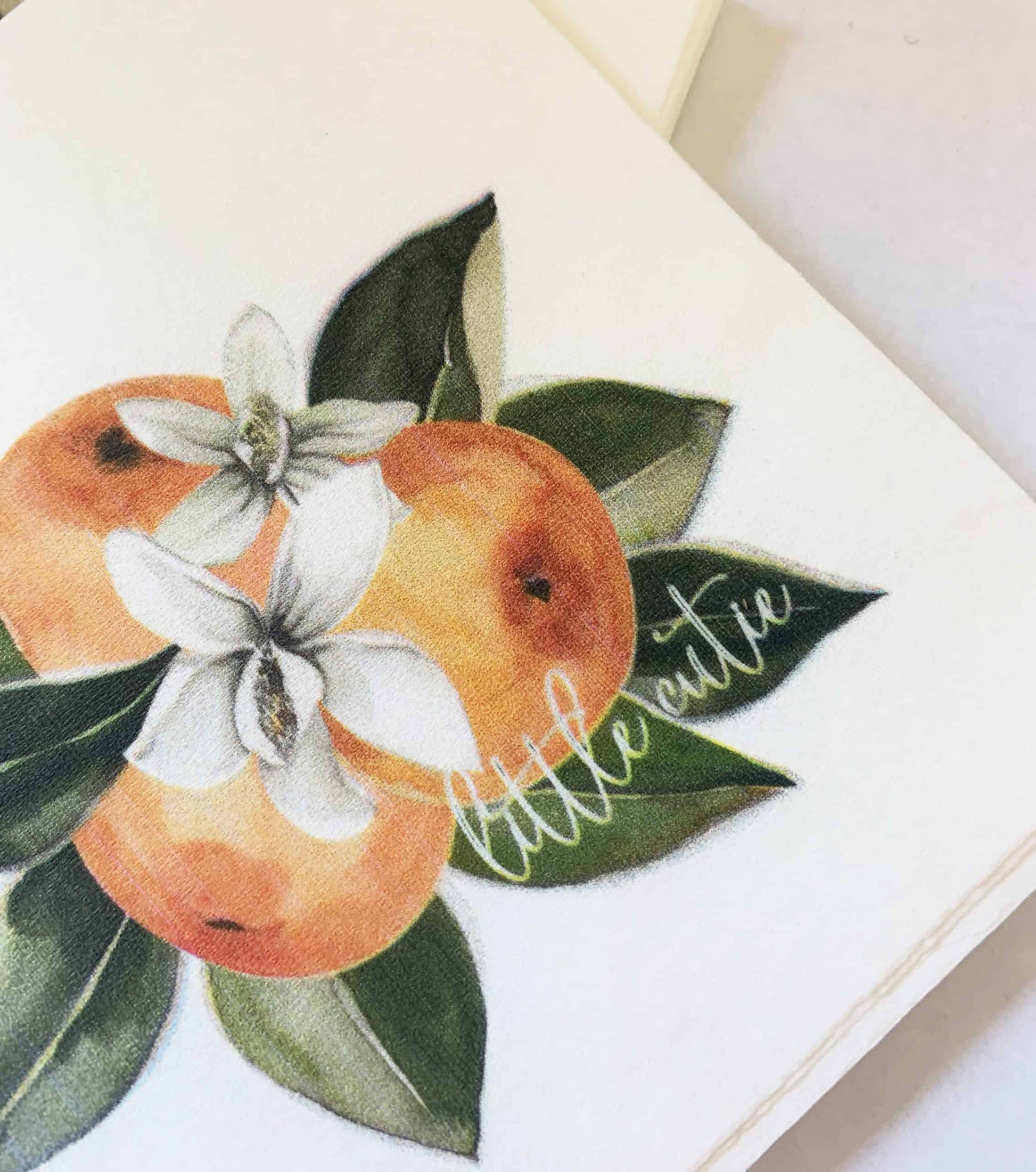 Little Cutie cocktail napkins in a beautiful orange blossoms watercolor design very elegant