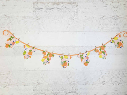 A Little Cutie Citrus Onesie Banner featuring seven onesie-shaped cutouts in bright citrus fruit designs on a blush background, with an orange sheer organza cord and mini clothespins. Perfect for a Little Cutie-themed baby shower.
