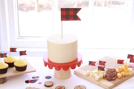 Lumberjack birthday buffalo plaid cake topper and party food