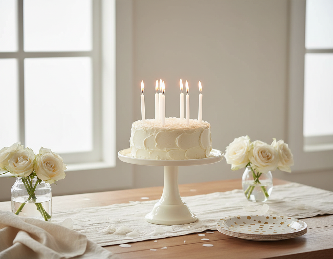 Mini Cream Melamine Cake Stand in Party Setting with Lit Candles